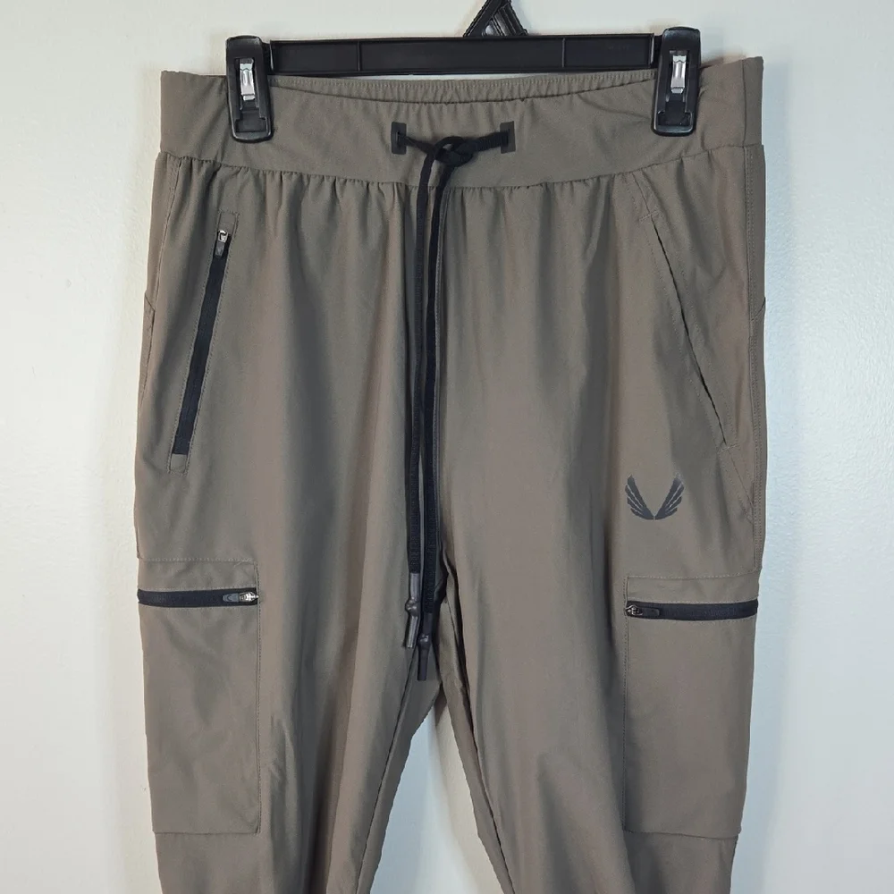 ASRV Men's Medium Tannish Gray Black Trim Active Drawstring Cargo Jogger Pants - Picture 2 of 15